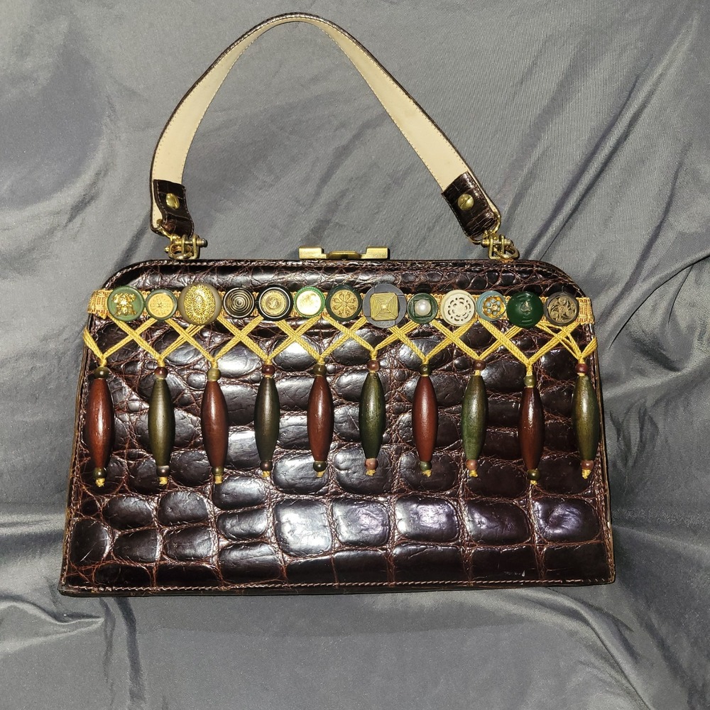 Vintage 1950s Macy Associates Brown Crocodile Skin Purse Handbag ~ France
